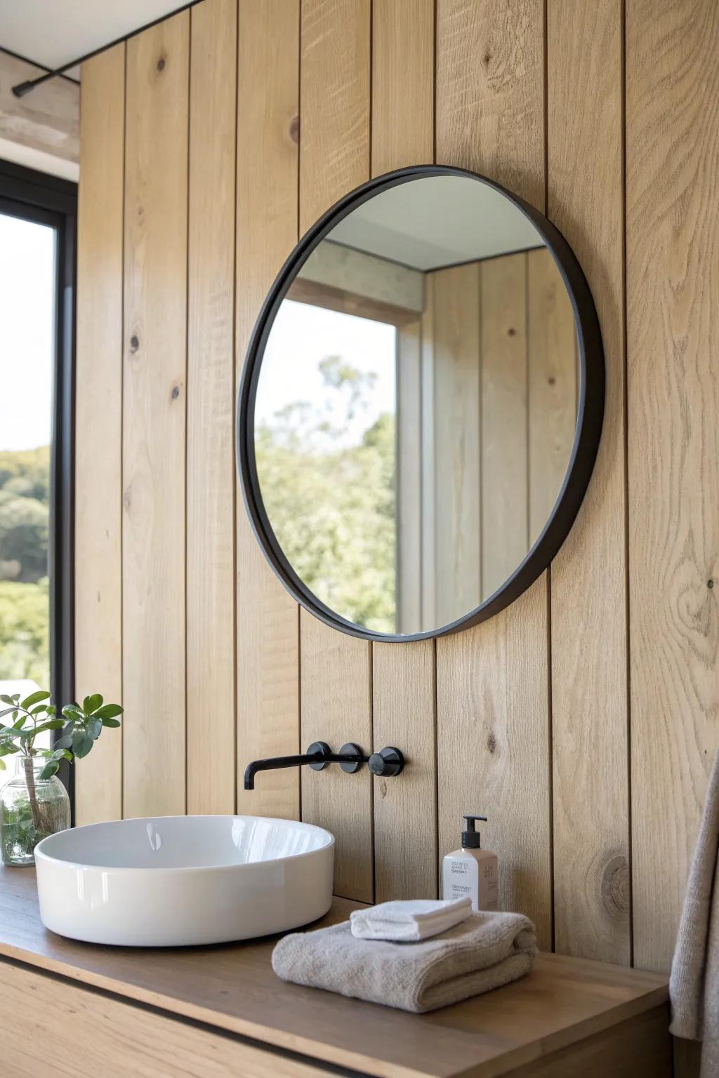 A thin matte black frame adds crisp architecture—perfect with dark fixtures and warm wood.