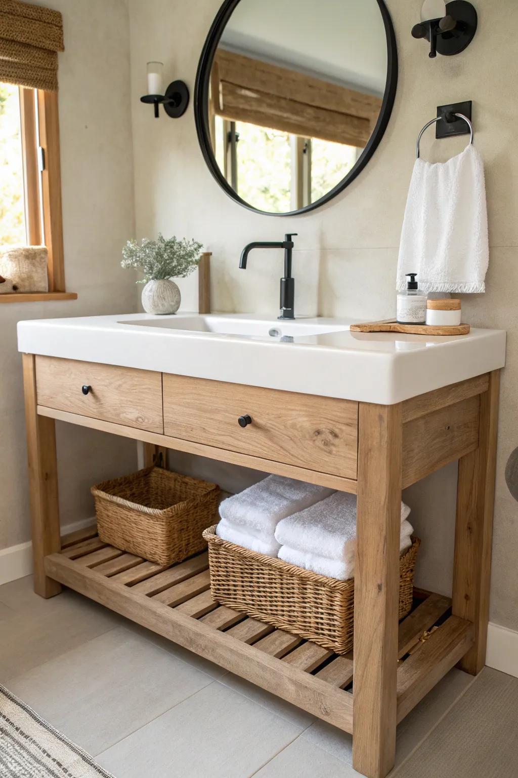 Airy oak console vanity with a bottom shelf—perfect for baskets and rolled towels.