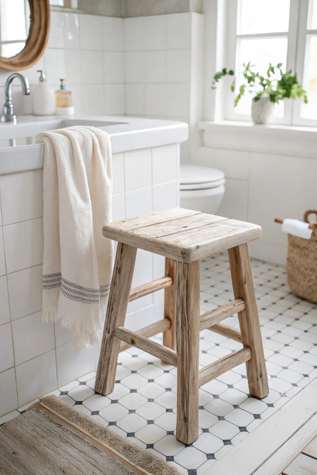 Airy whitewashed bathroom stool—soft grain, crisp tile, and calm Scandinavian charm.