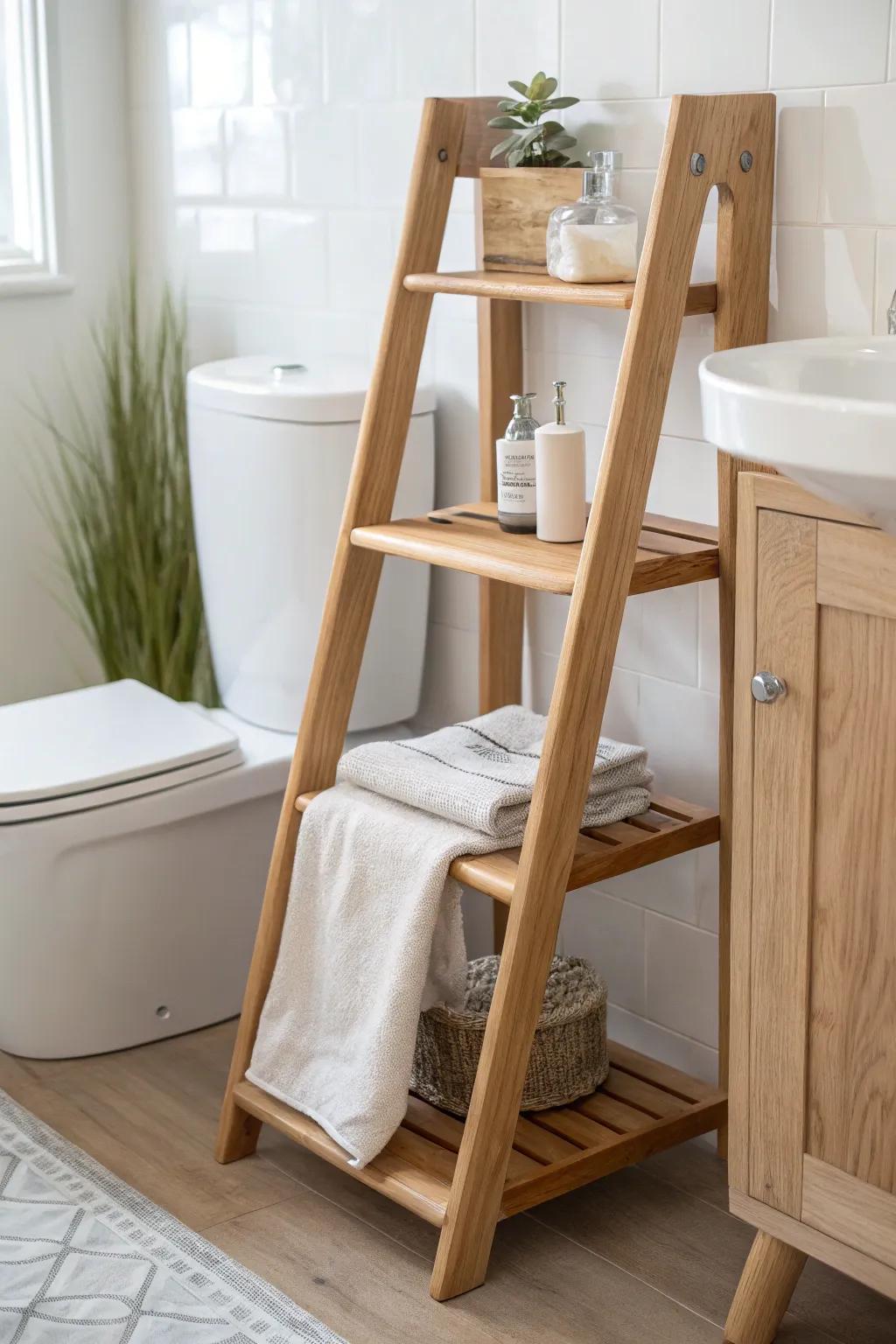 A slim ladder table above the toilet brings warm wood storage to a minimalist bathroom.