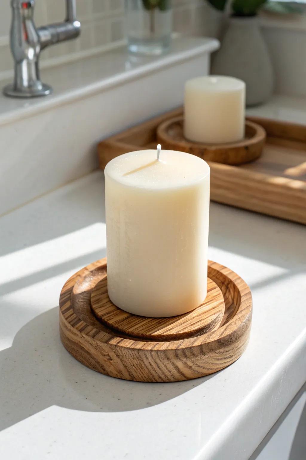 A simple candle on a handmade wood coaster adds instant spa vibes—lit or not.