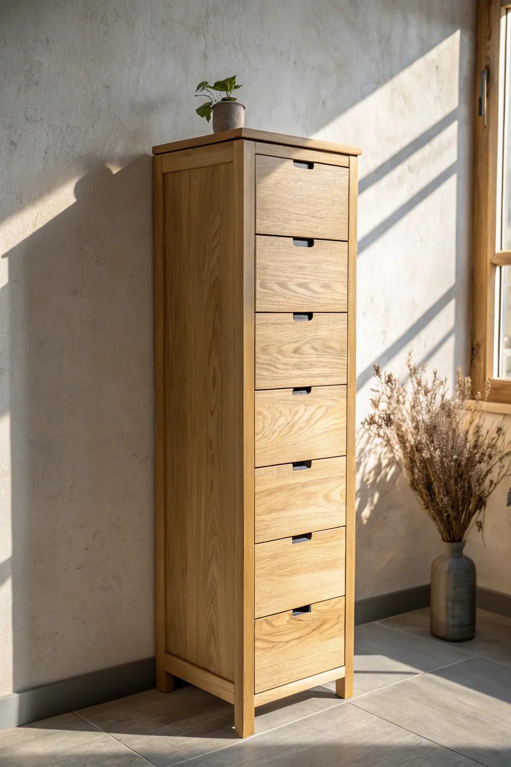 Drawer-heavy oak vanity tower: five slim drawers for tweezers, clippers, and tiny essentials.
