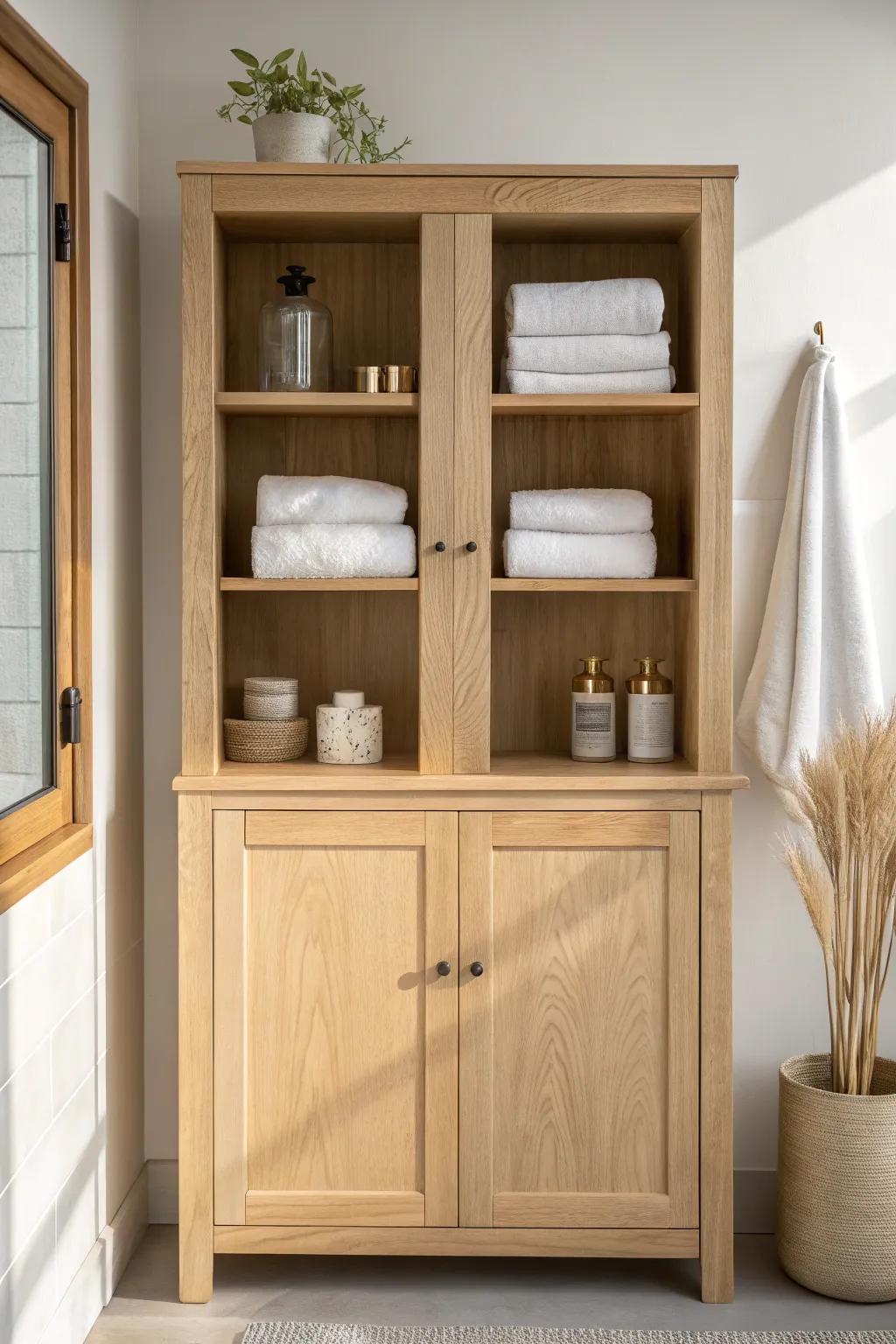 Open cubbies meet closed doors—an airy, crafted upper cabinet that keeps the vanity serene.