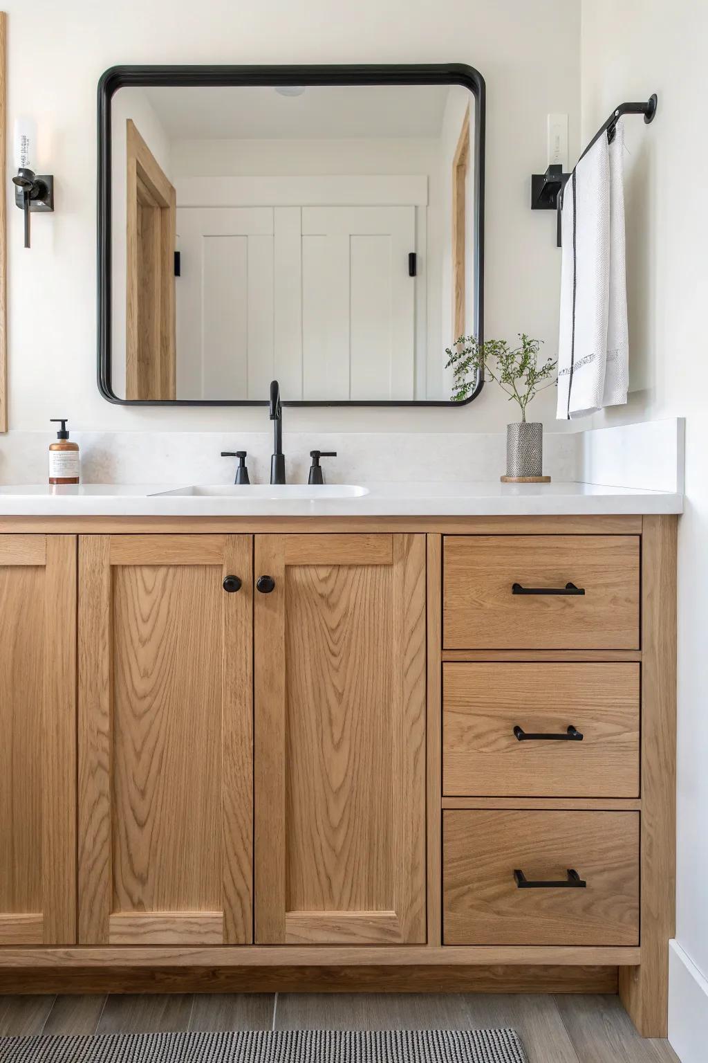 Light oak vanity + slim black rectangle mirror—simple contrast that makes the whole wall feel finished.