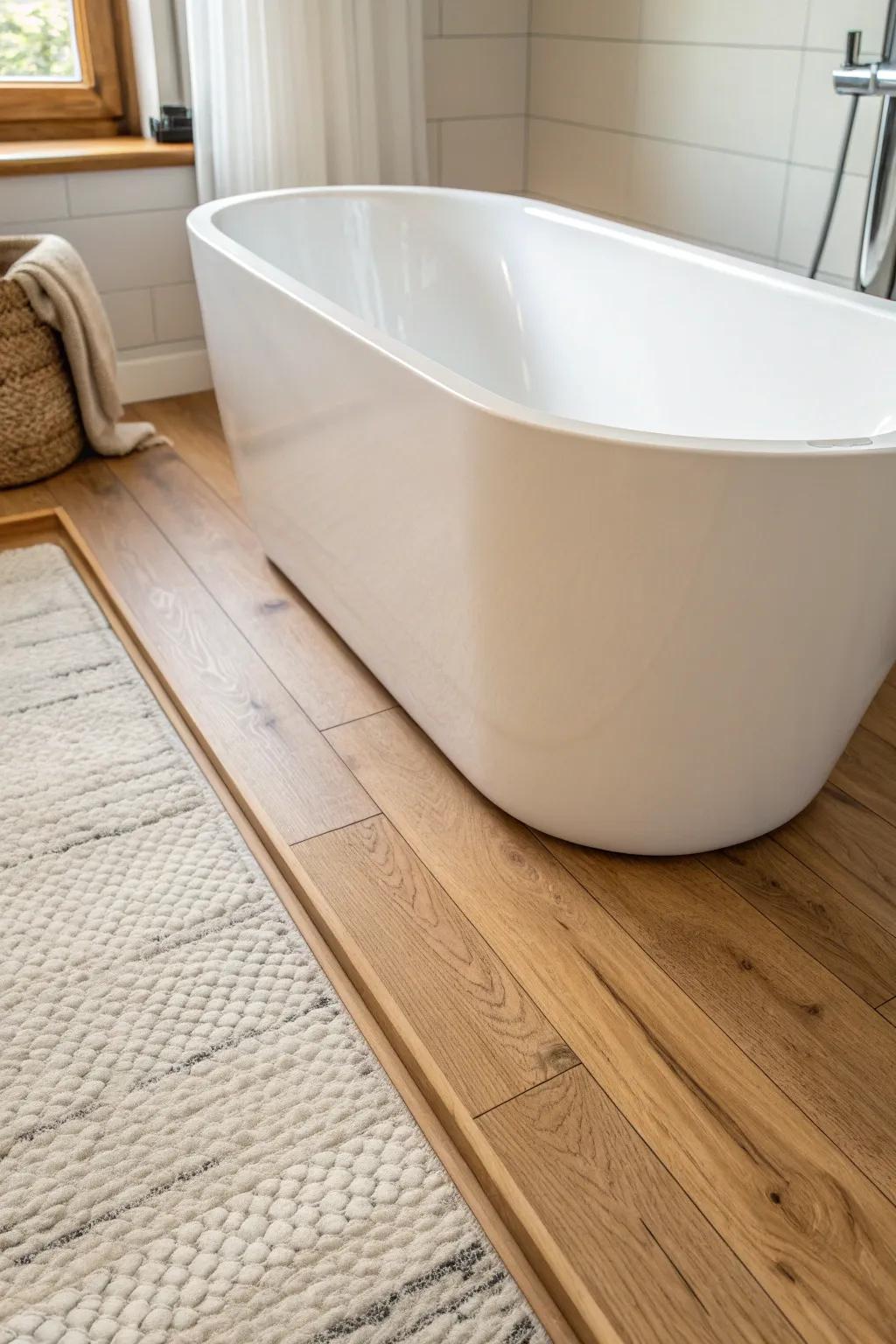 Natural wood cove molding adds a soft shadow at the tub base for a custom, cozy finish.