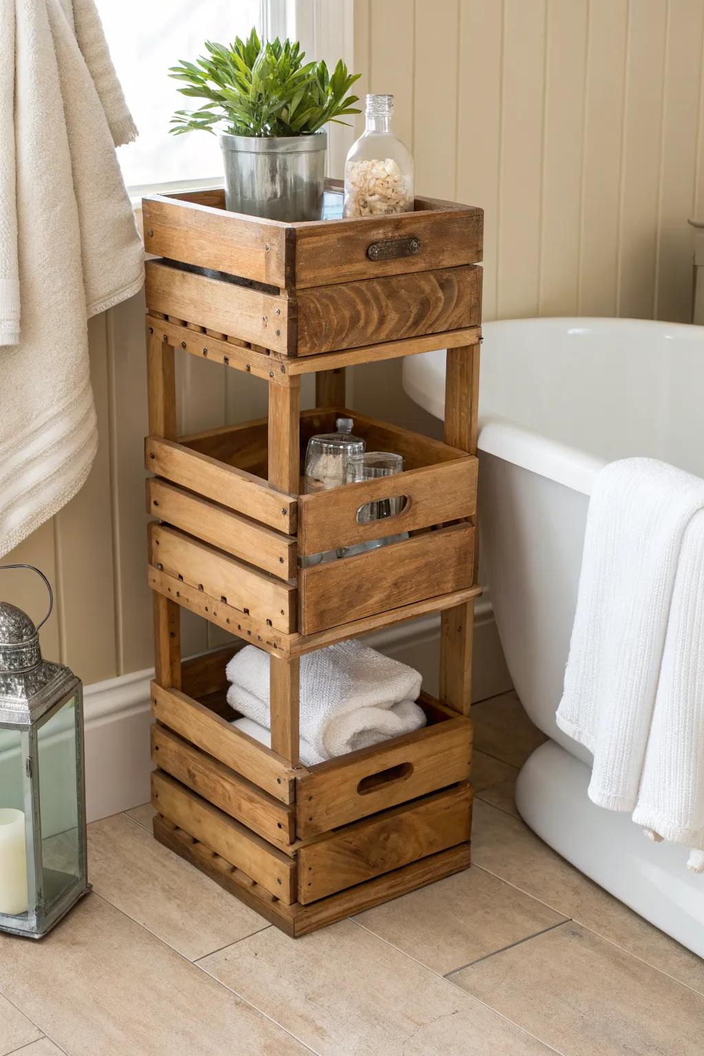 Warm stained crate stack side table—spa-like storage for towels and bath salts by the tub.