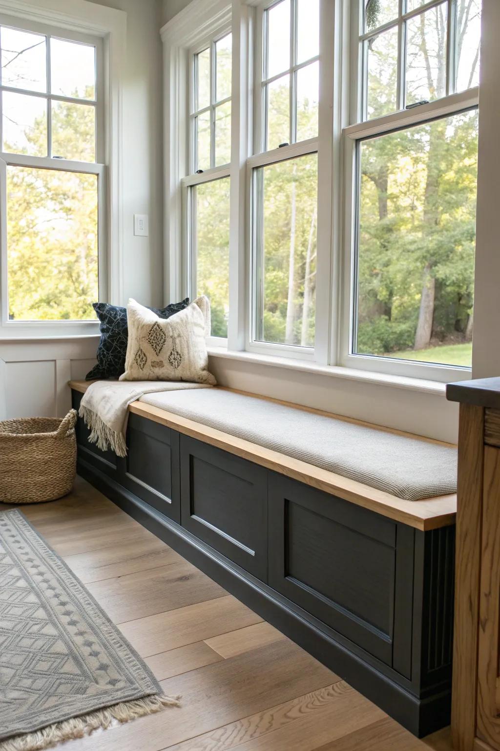 A recessed dark toe-kick creates a clean floating-look bay window bench with high-end contrast.