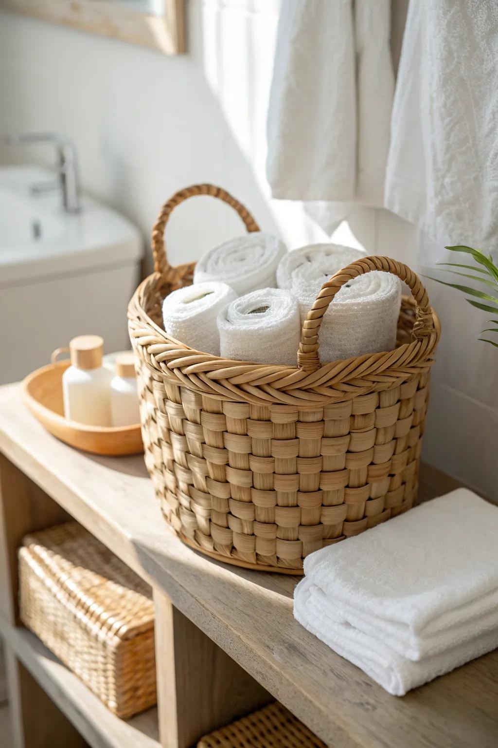 Wicker baskets add coastal charm while keeping towels and essentials beautifully tucked away.