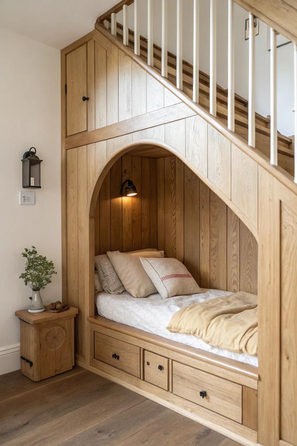 A snug under-stairs cubby bed with a simple door—tongue-and-groove warmth, tiny-room cozy.
