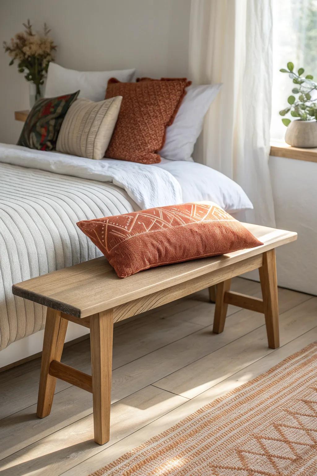 One long lumbar pillow keeps the bench look simple, polished, and perfectly tied to your bedding.