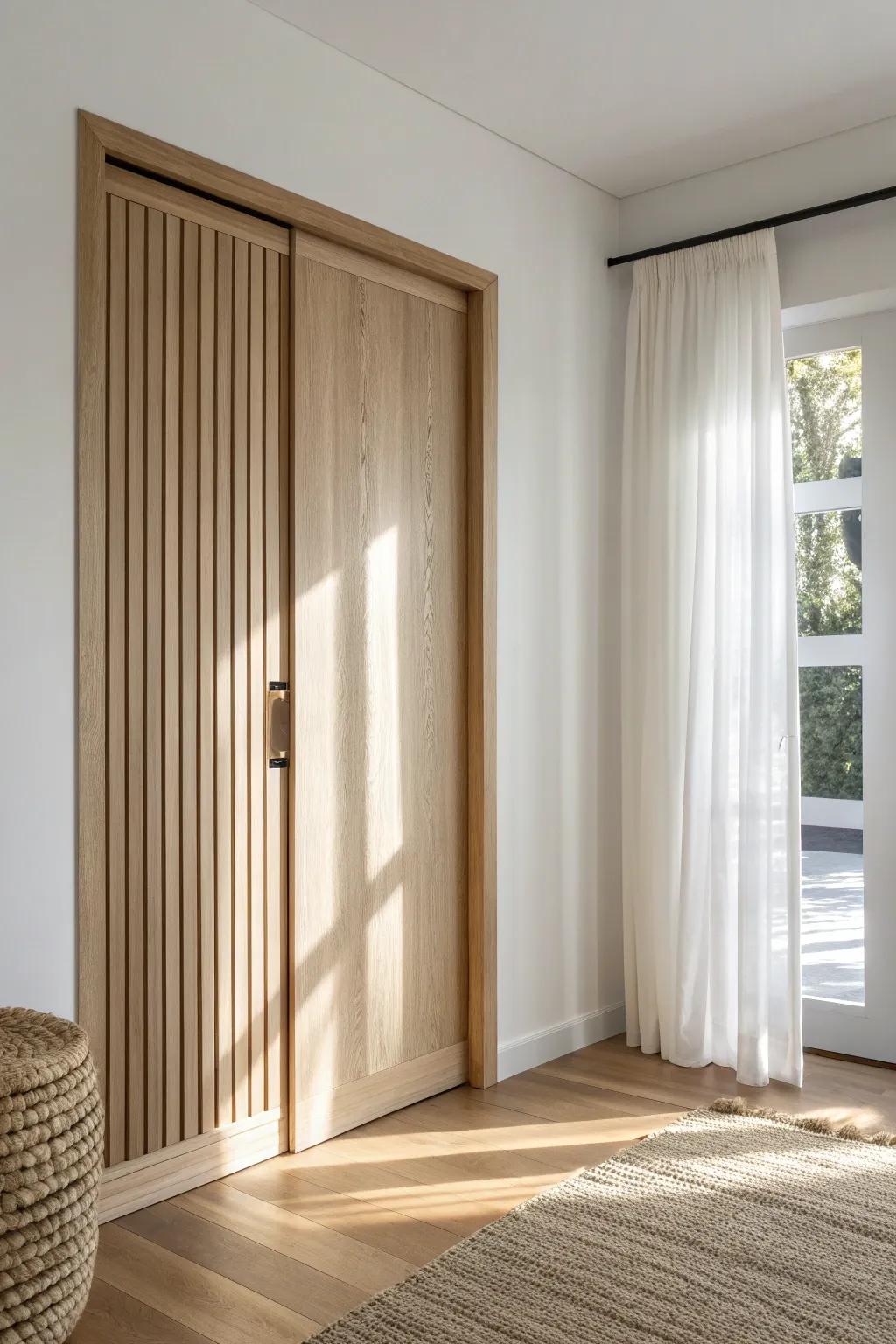 A space-saving pocket closet door in white oak—minimal, warm, and perfect for small bedrooms.
