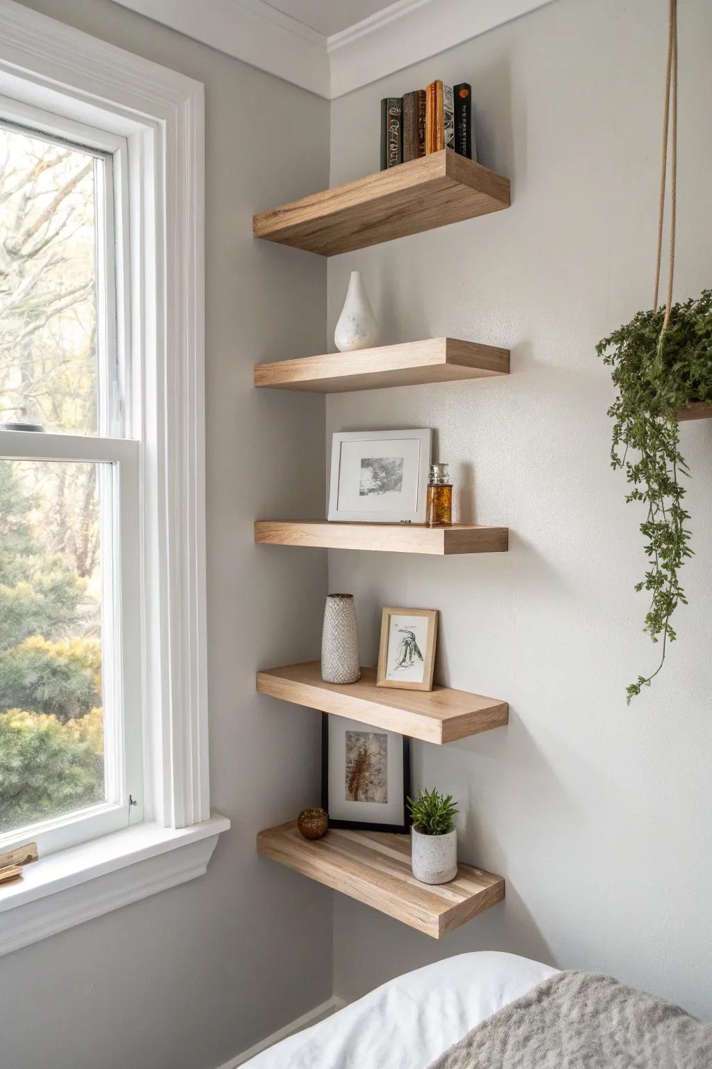 Paint corner shelves to match the wall for calm, barely-there storage in small bedroom corners.