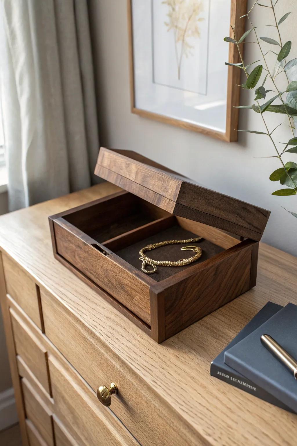 A low lidded jewelry box keeps nightly essentials tidy—beautiful, simple, ready each morning.