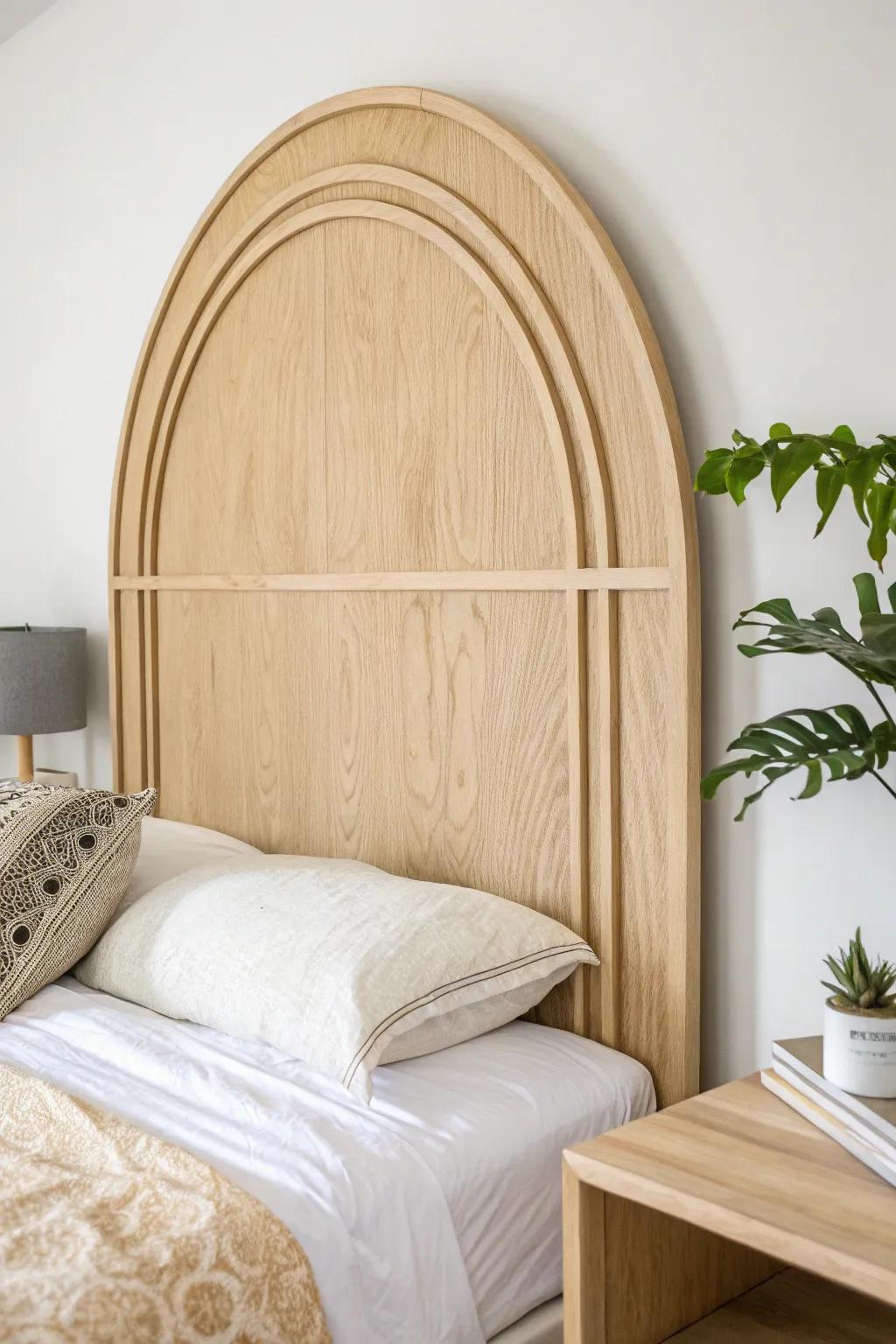 Soft plywood arch headboard—clean Scandinavian lines with a warm, handcrafted glow.
