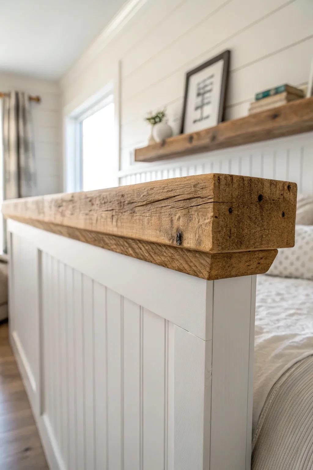 Reclaimed wood wainscoting ledge cap adds a polished, built-in bedroom shelf moment.