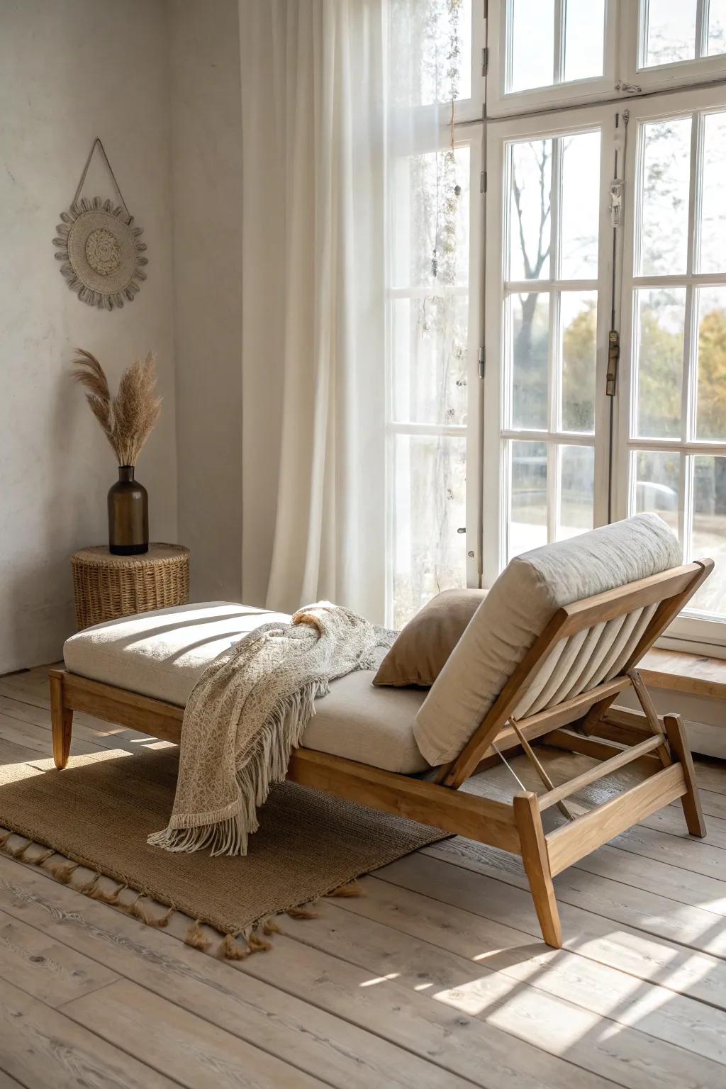 A handcrafted oak chaise lounge—your cozy stretch-out spot for reading, without getting back in bed.