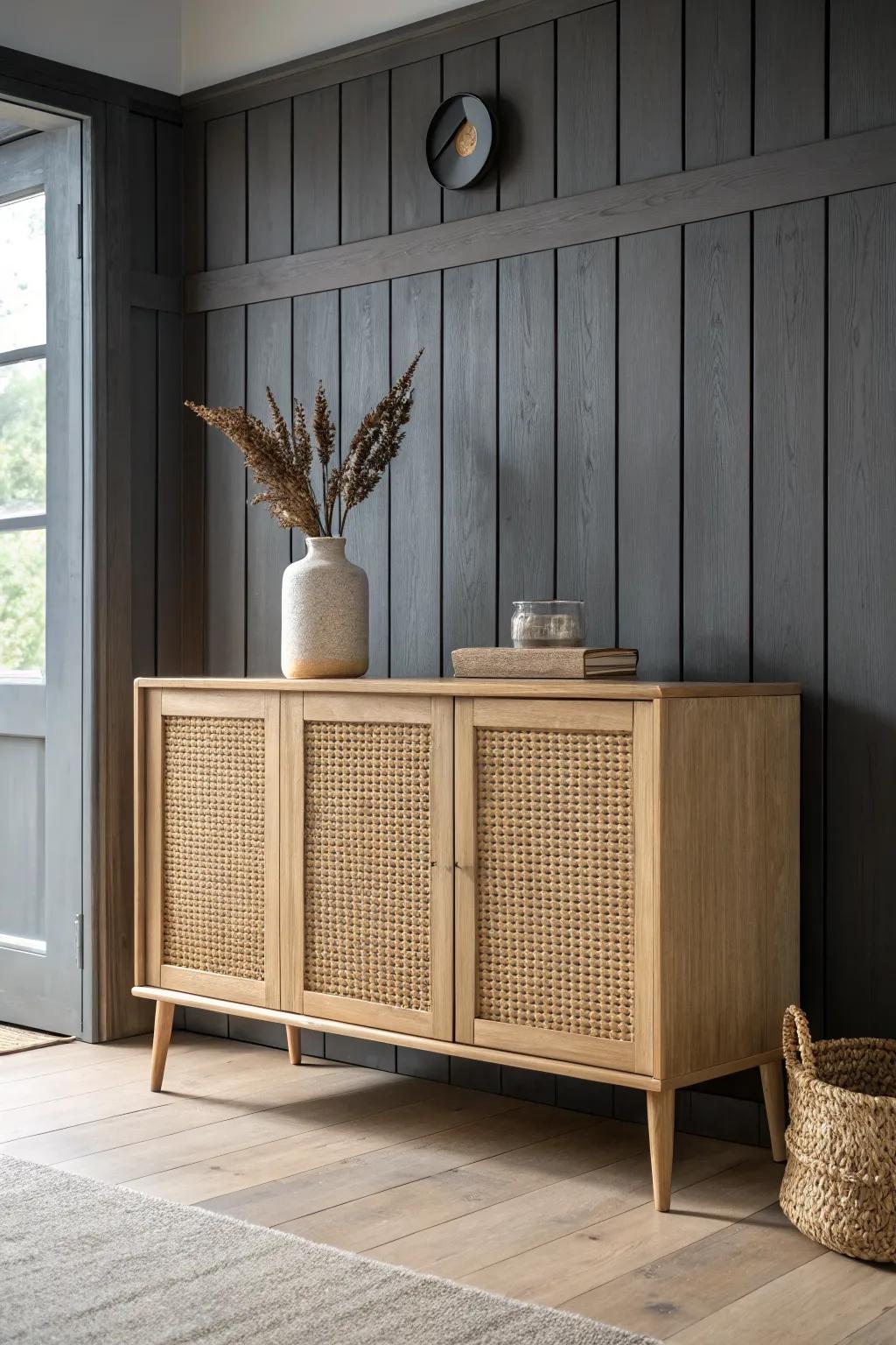 A light oak sideboard pops against a dark shiplap wall—minimal styling, major impact.