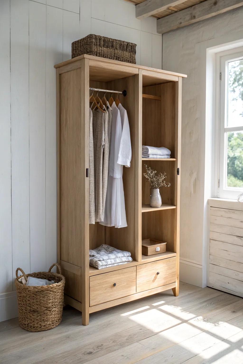 Airy oak open wardrobe with rod and shelves—crafted to keep your favorite pieces on display.