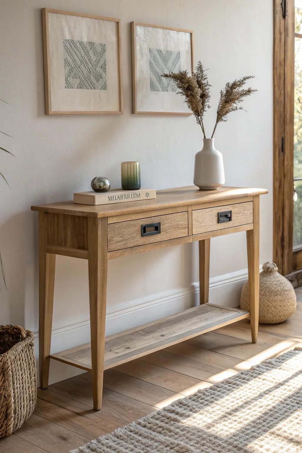 A slim drawer console behind the sofa keeps remotes and small clutter hidden—beautifully.