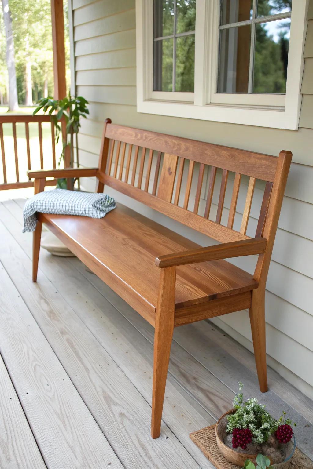 A warm wood porch bench with backrest—clean joinery, airy slats, and calm morning light.