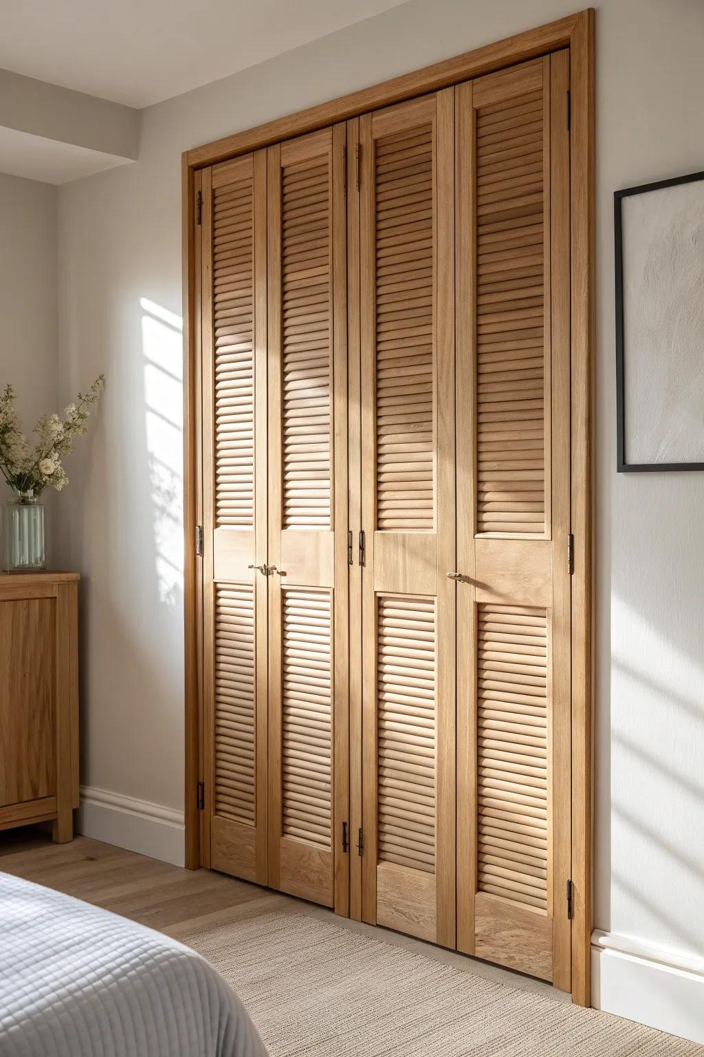 Vertical slat bifold doors that add shadow, depth, and a high-end fluted look.