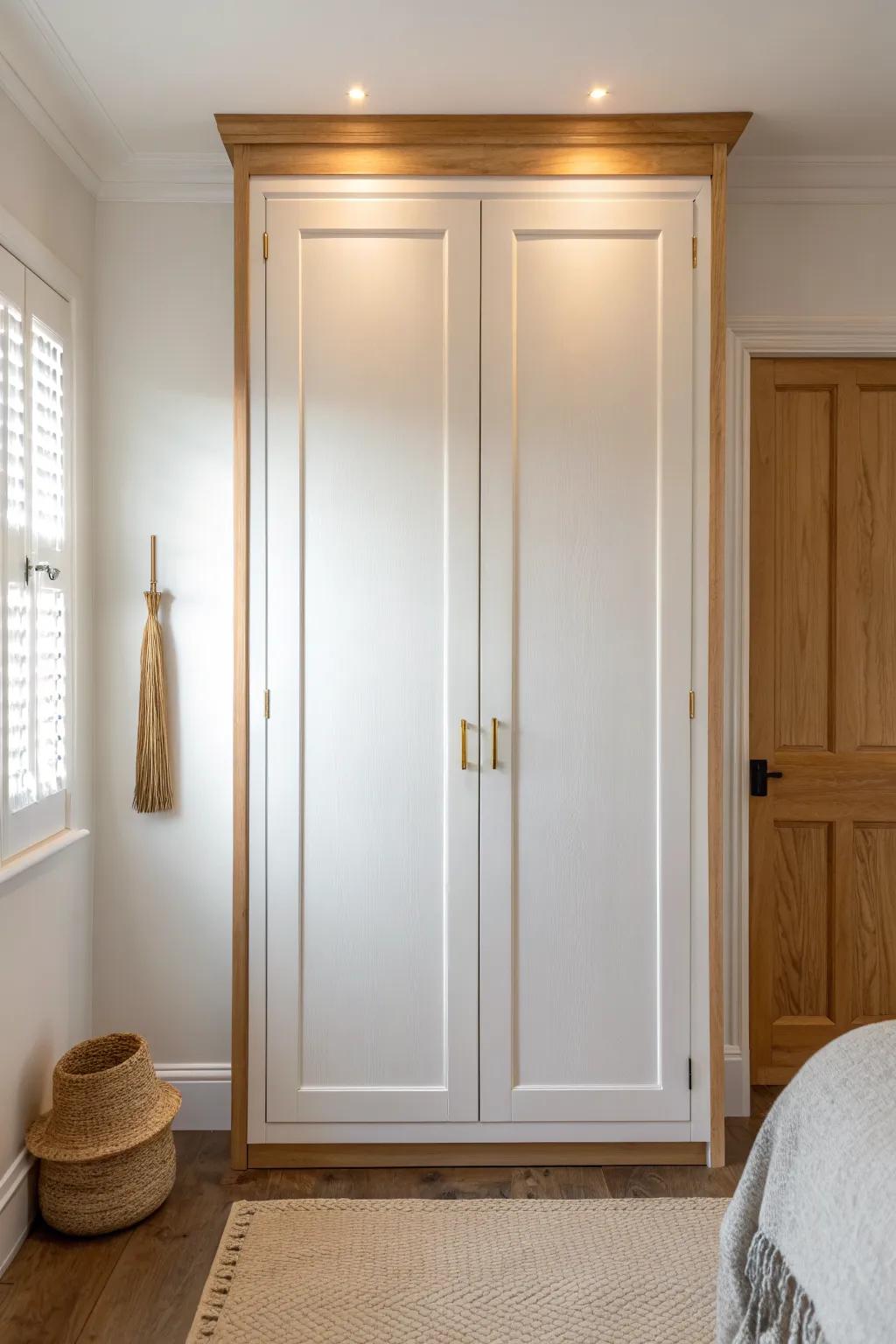 Crown molding that lifts bifold doors to the ceiling for a taller, custom built-in look.