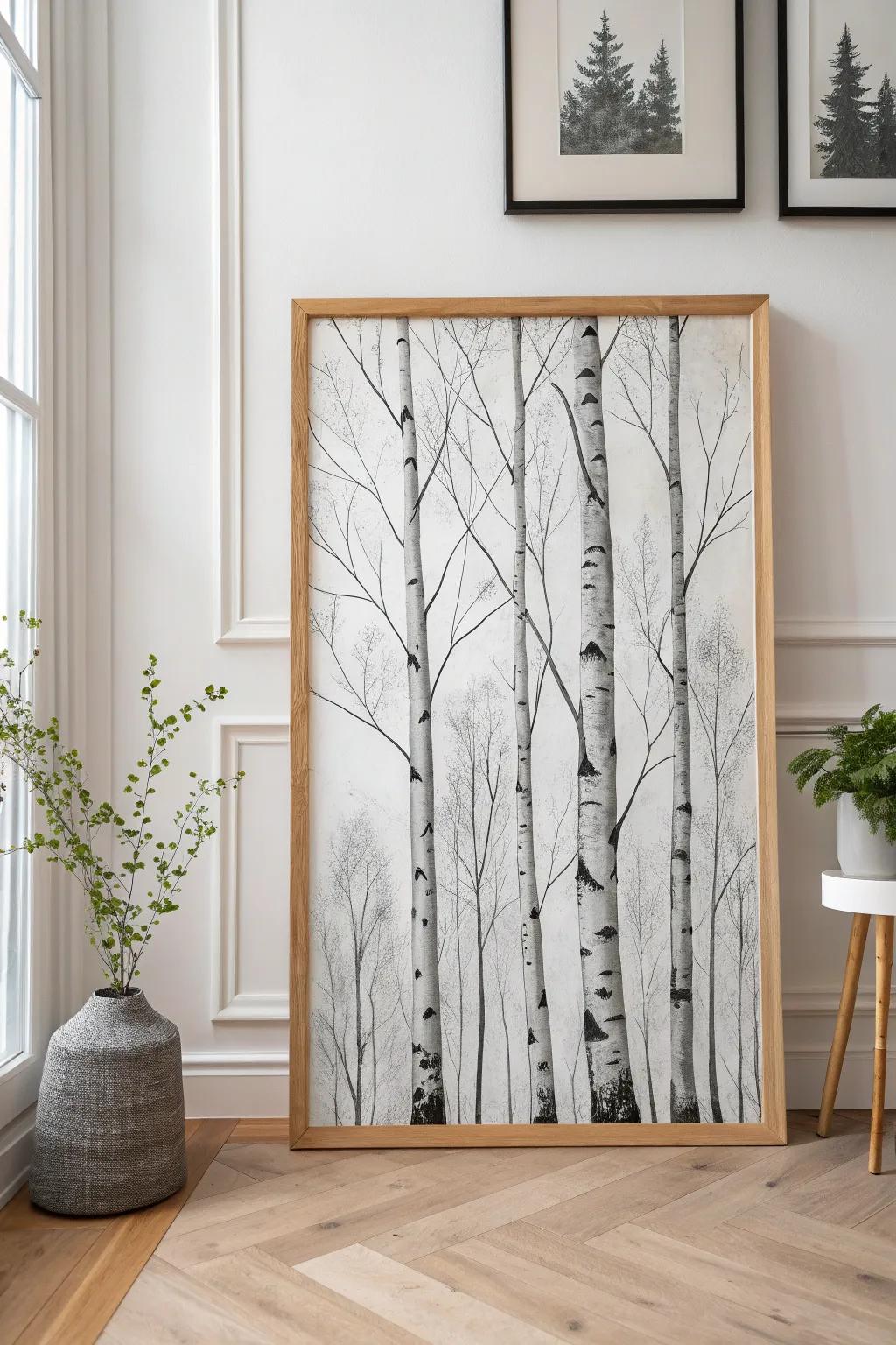 Discover the elegance of monochrome magic with this minimalist birch painting.