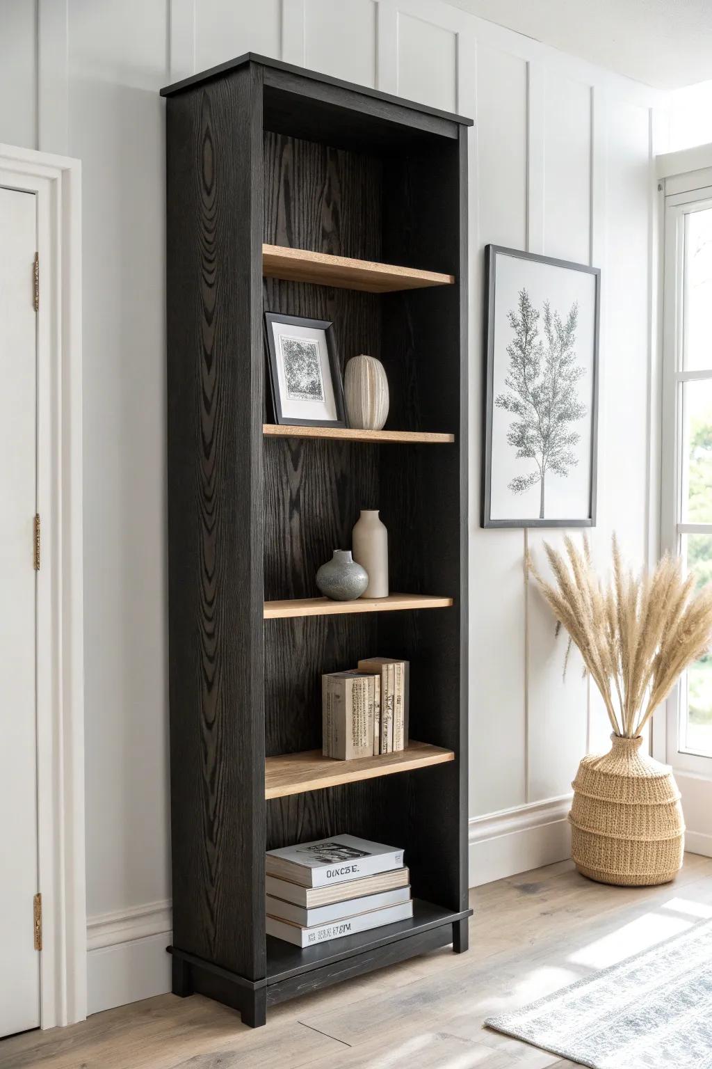 Instant depth: layer black-and-white framed art at the back of your black bookshelf.