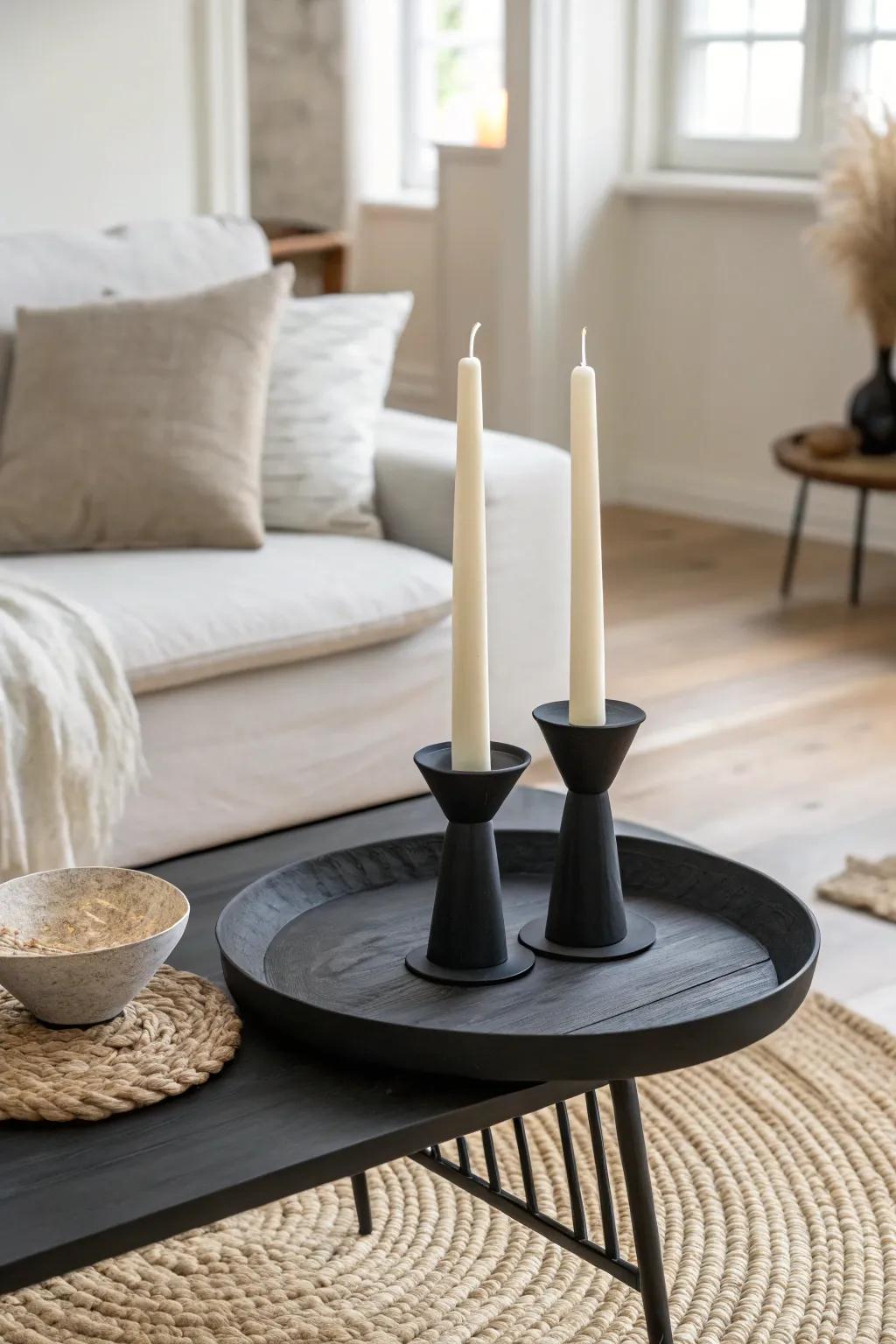 Tall ivory tapers add effortless height and a chic silhouette to a black coffee table.
