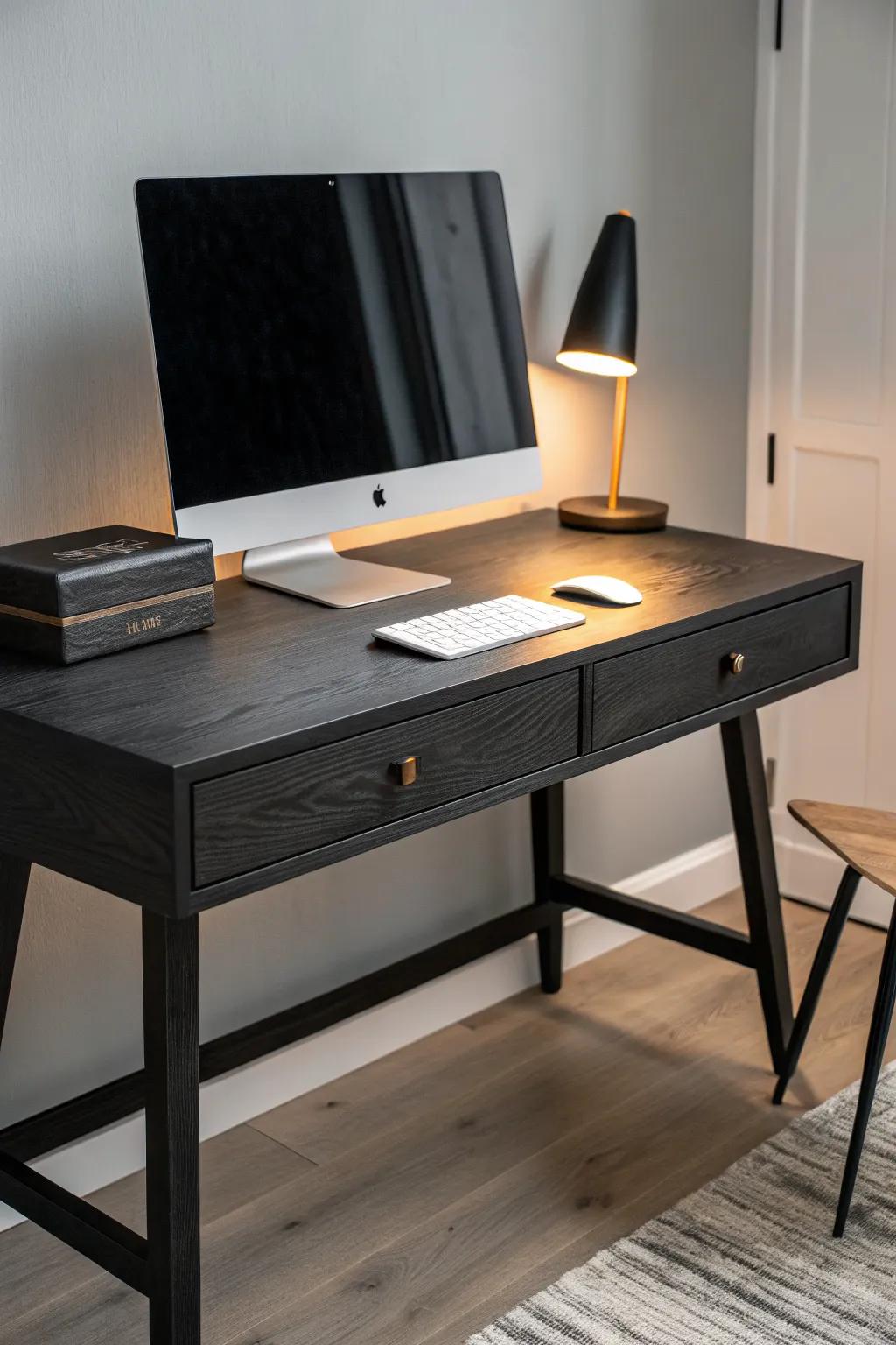 A soft LED backlight halo makes a black desk setup cozy, dramatic, and easier on the eyes.