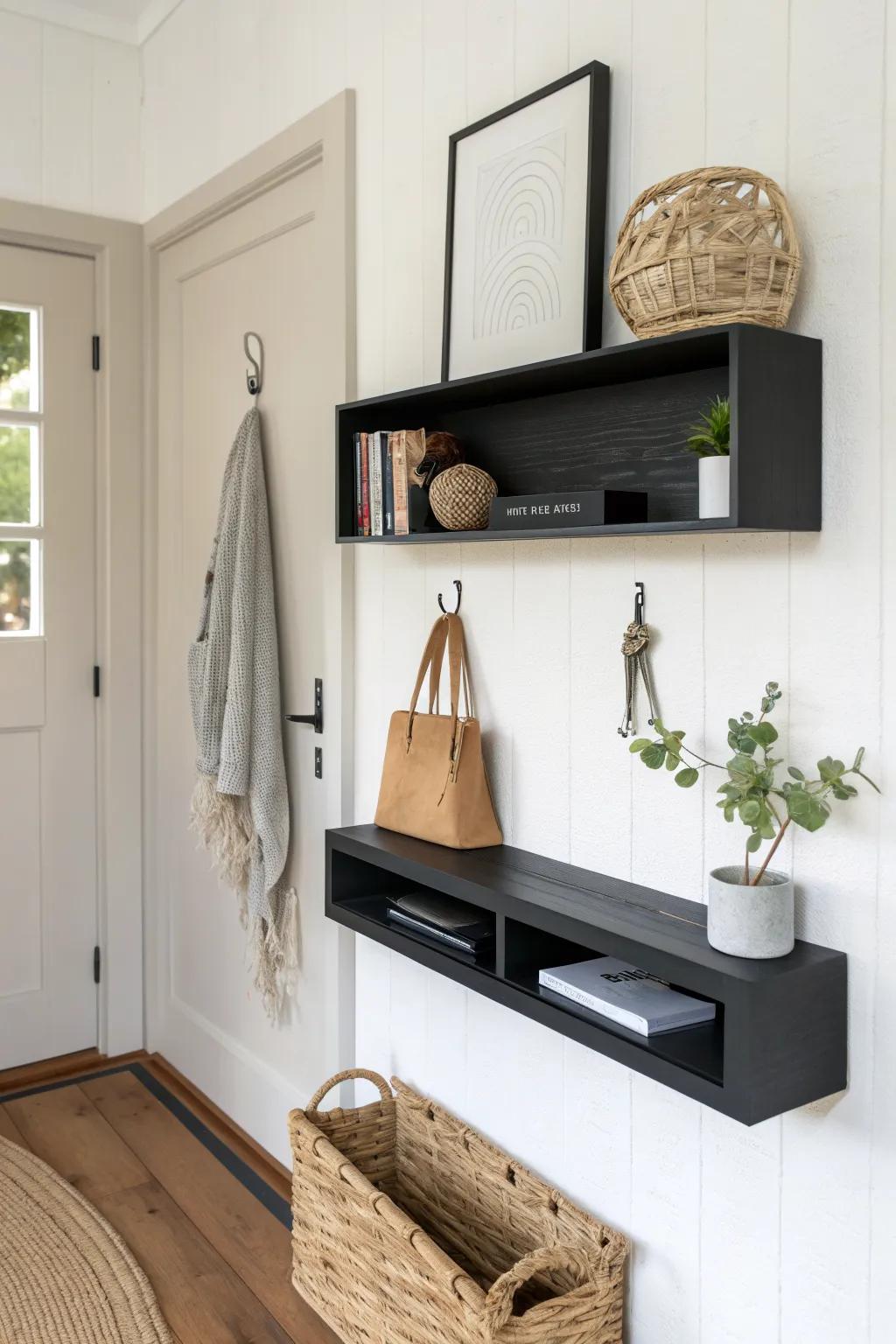 Slim black floating shelf: the perfect entryway drop‑zone—grounded, minimal, effortlessly chic.