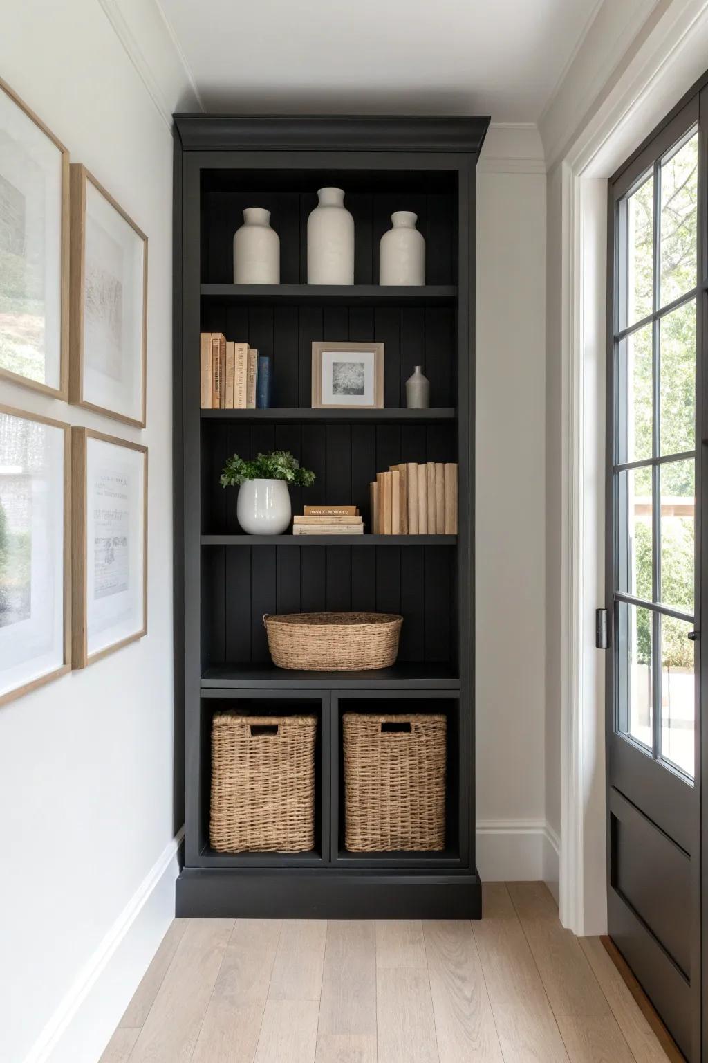 Matte-black built-in shelves add depth—warm wood frames and woven baskets keep it inviting.