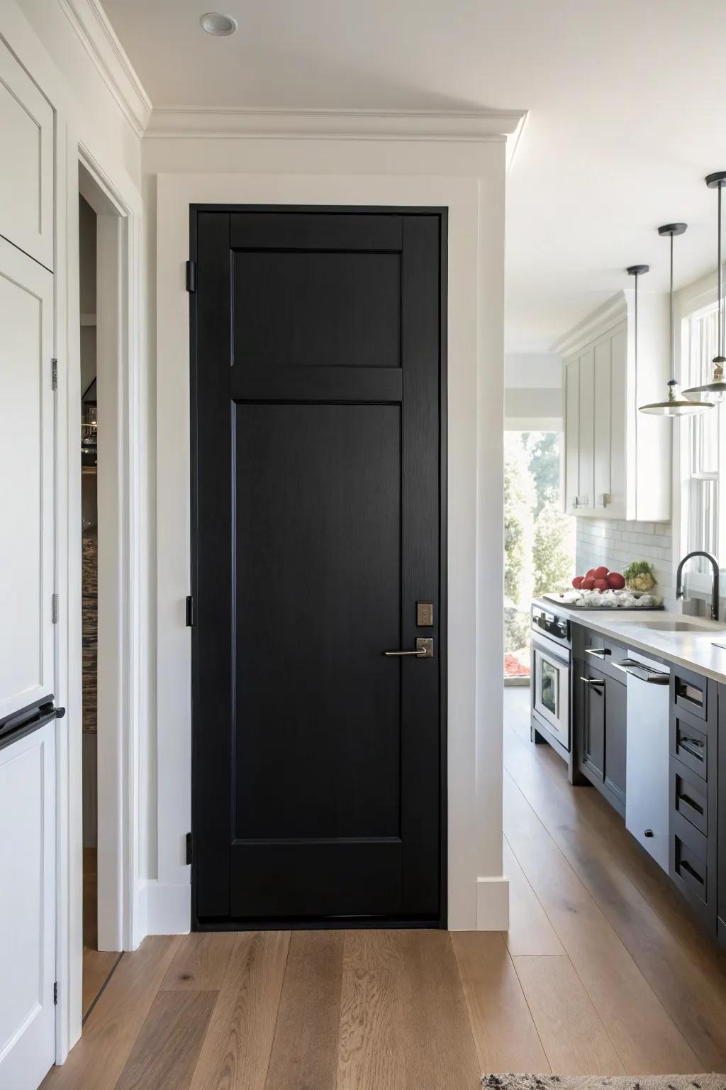 Matte black pantry door paired with brushed metal hardware for a clean, cohesive kitchen.