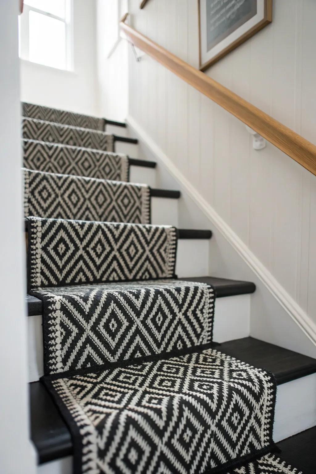 A black-and-white runner adds cozy texture and grip to sleek matte-black stairs without harshness.
