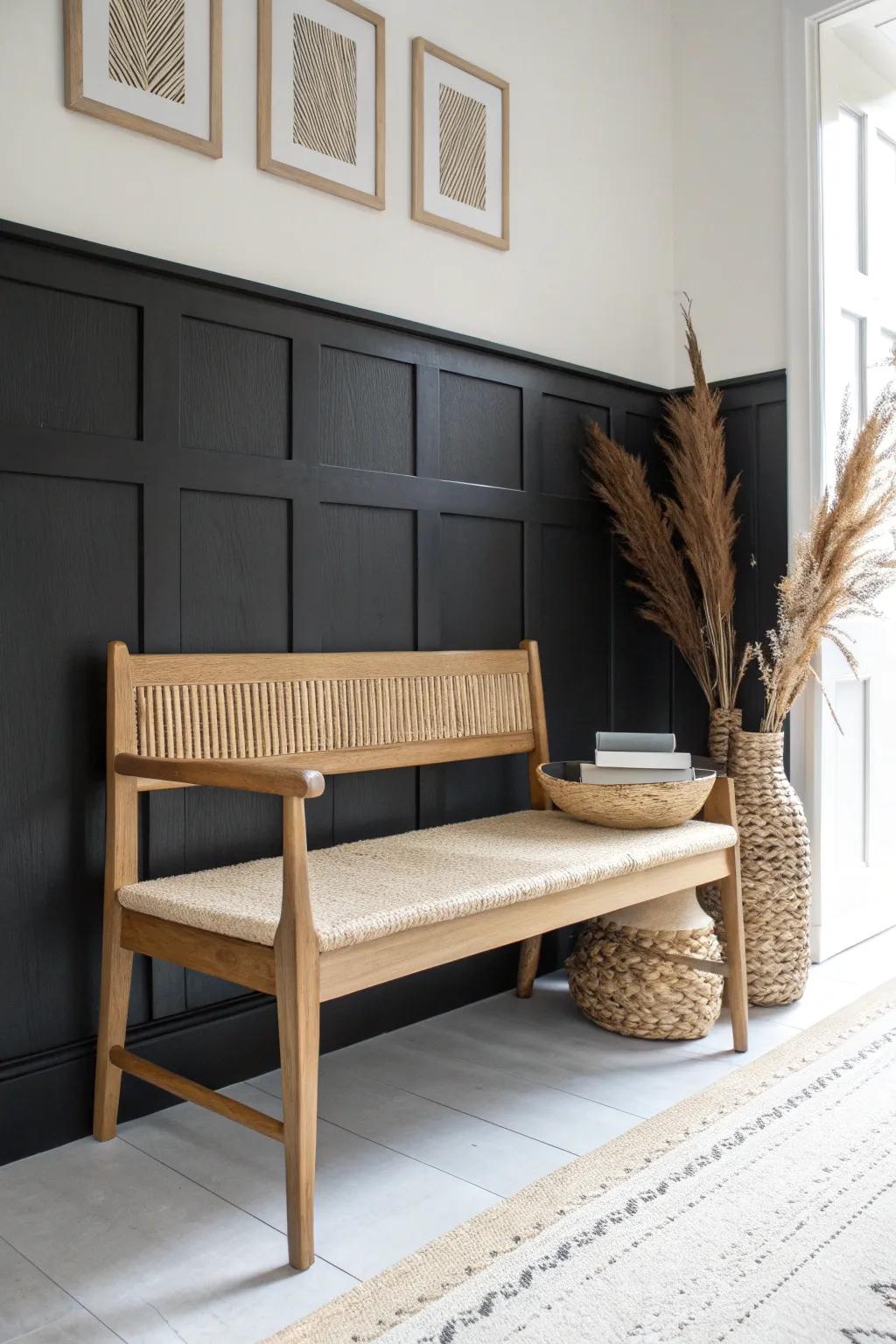 Matte black wainscoting keeps the entryway spotless—white walls above stay bright and welcoming.