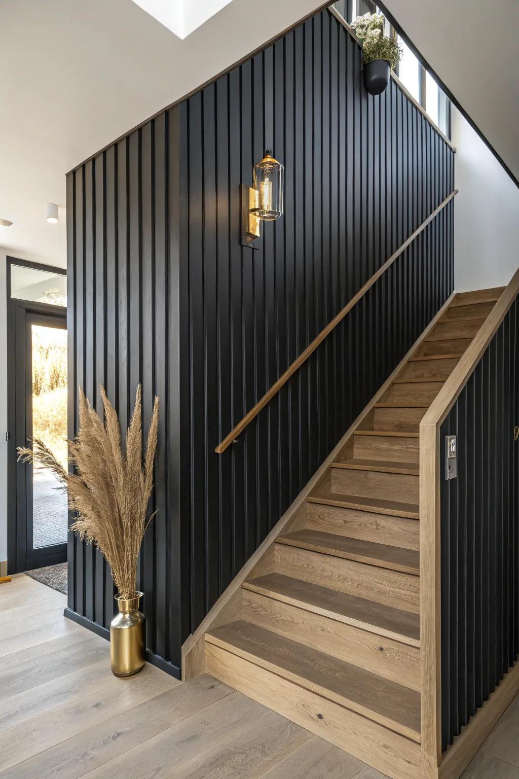 Matte black slat wall up the stairs—warm sconces make the shadows a luxe texture moment.