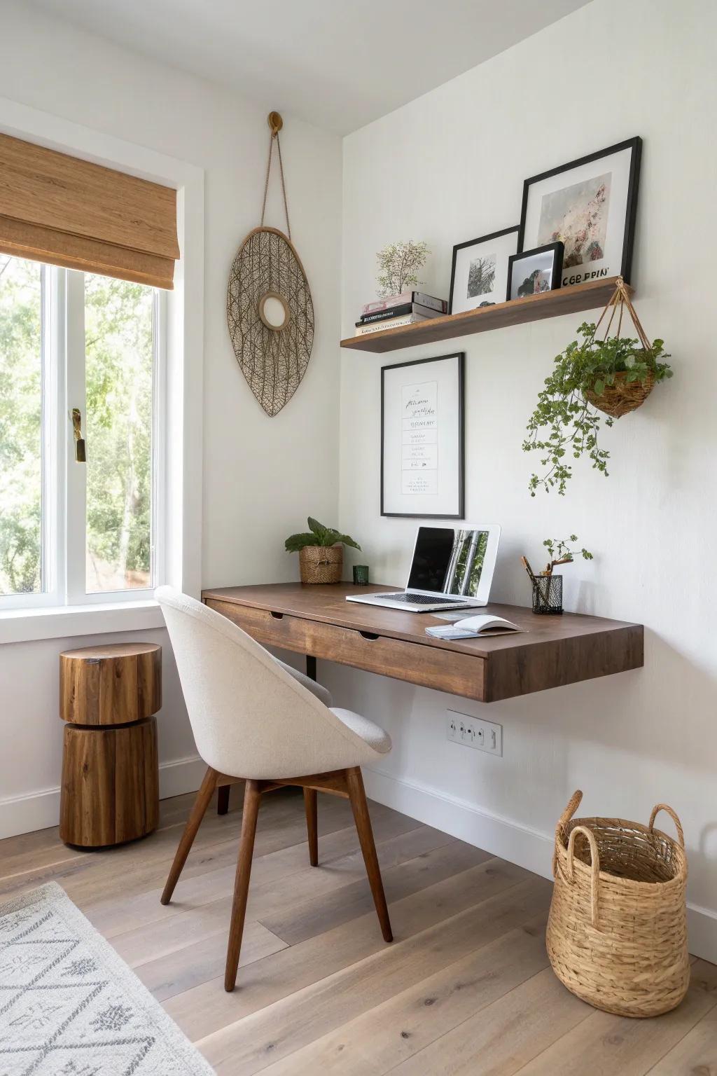 A space-saving floating black walnut corner desk that adds warmth, craft, and calm.