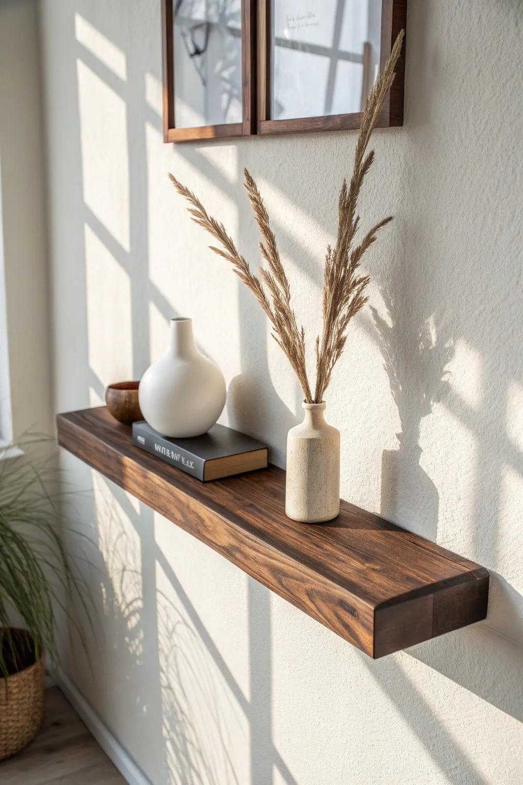 Floating black walnut shelf—minimal, cozy contrast and grain so beautiful it becomes wall art.