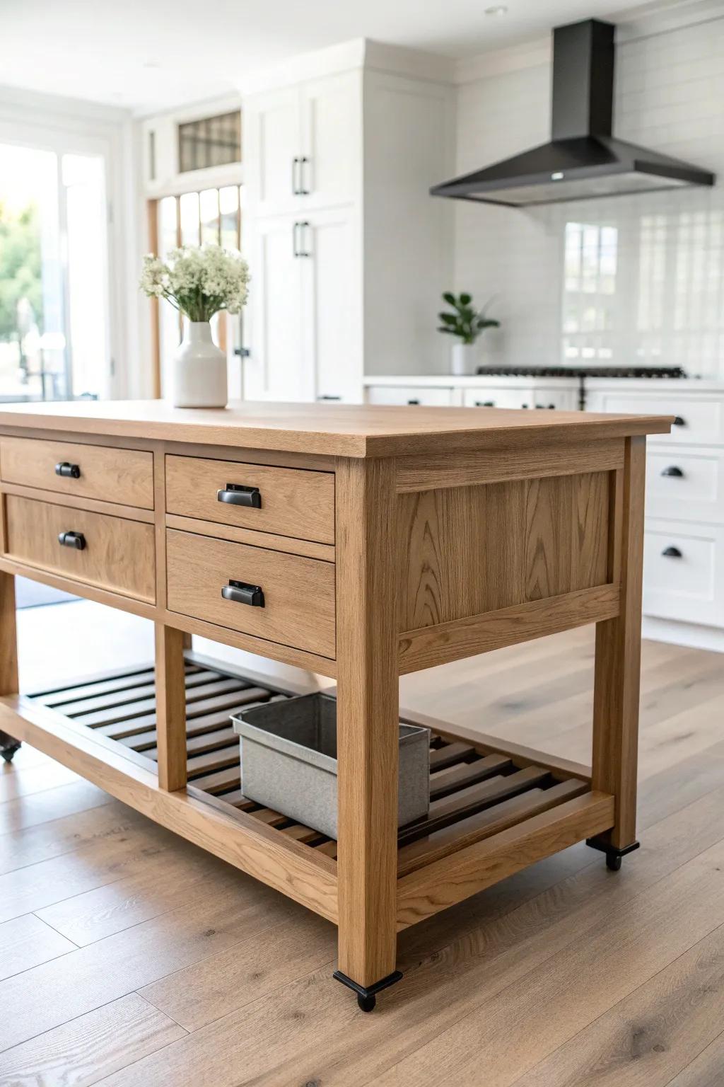 Warm oak island, matte black hardware, and crisp white surroundings—minimal, modern, timeless.