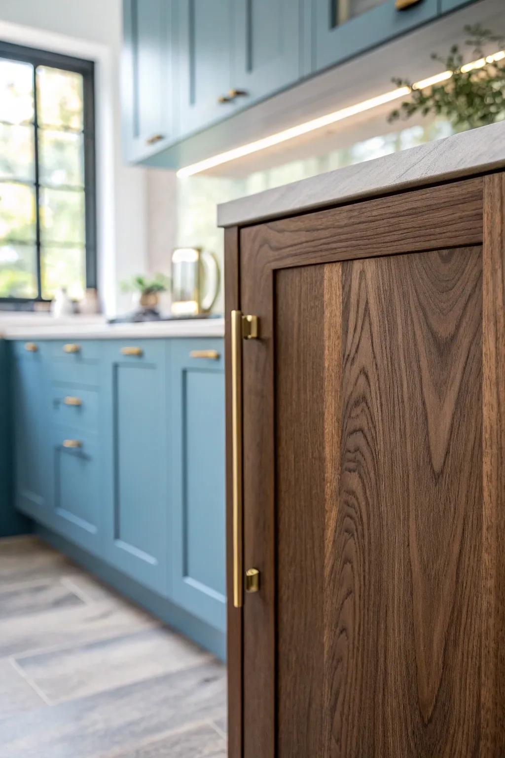 Soft blue walls meet dark wood grain—cozy, bright, and timeless Scandinavian kitchen contrast.