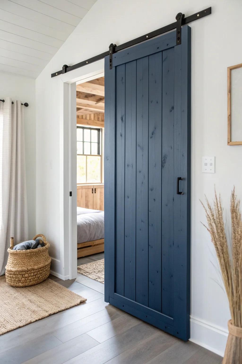 Deep blue sliding barn door with dark hardware—simple, bold, and beautifully handcrafted.