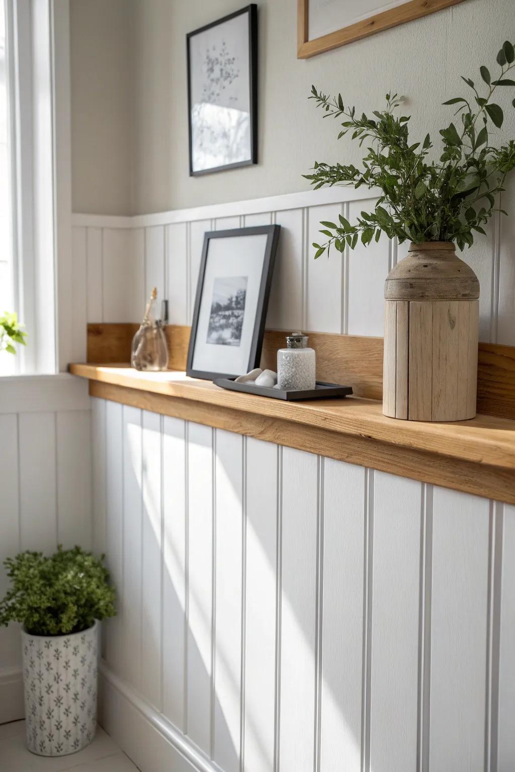 A wider oak top rail turns board-and-batten into a simple ledge for art and greenery.