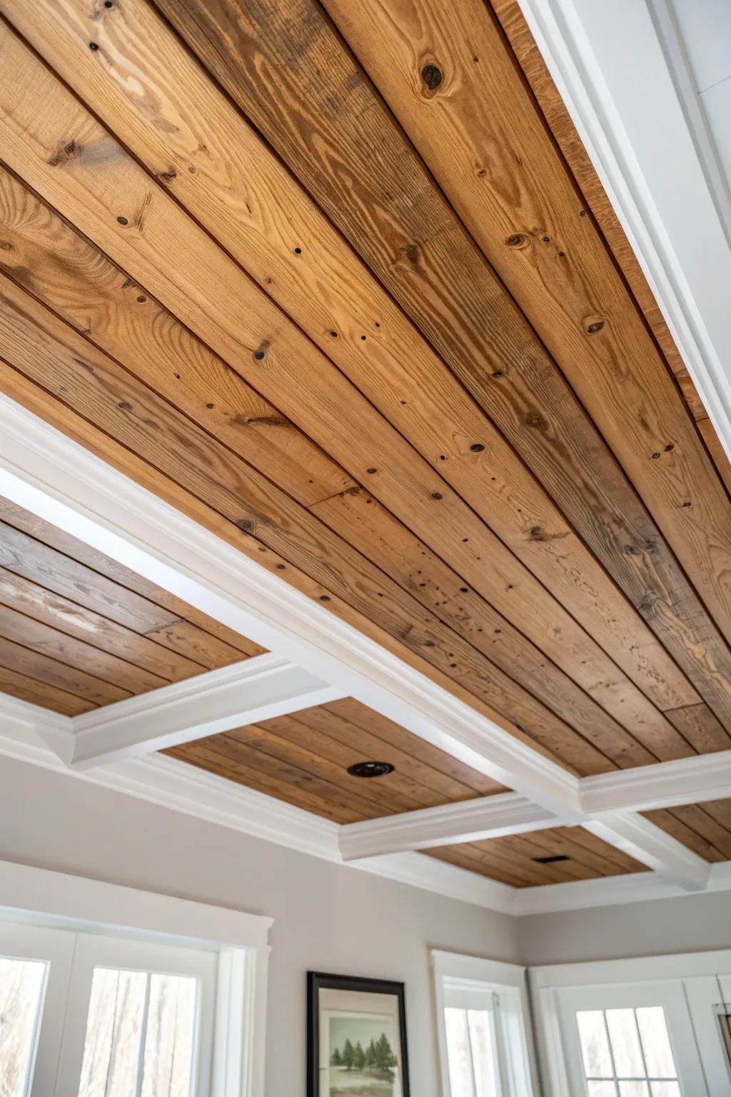 Warm wood boards + crisp painted battens: a cozy cabin-meets-farmhouse ceiling upgrade.