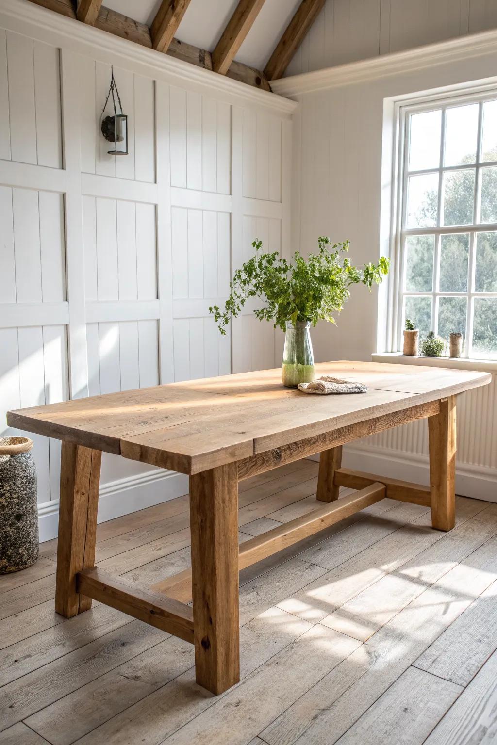 Wide-spaced board & batten with a chunky wood table creates relaxed, unfussy farmhouse ease.