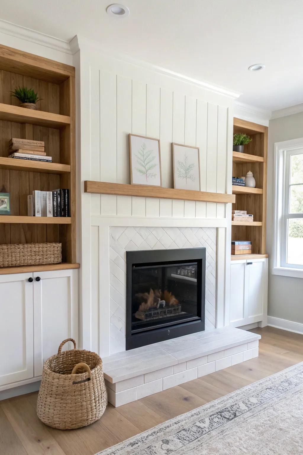Board-and-batten fireplace with airy built-in shelves—Scandi minimal, softly boho.