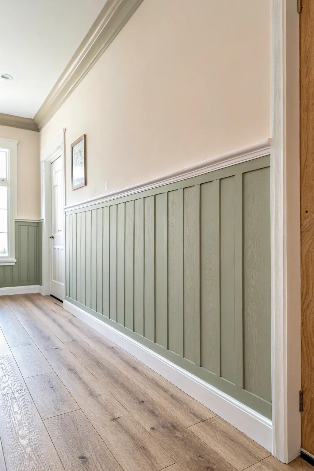 Two-tone board & batten wainscoting: warm ivory above, dusty sage below for instant depth.