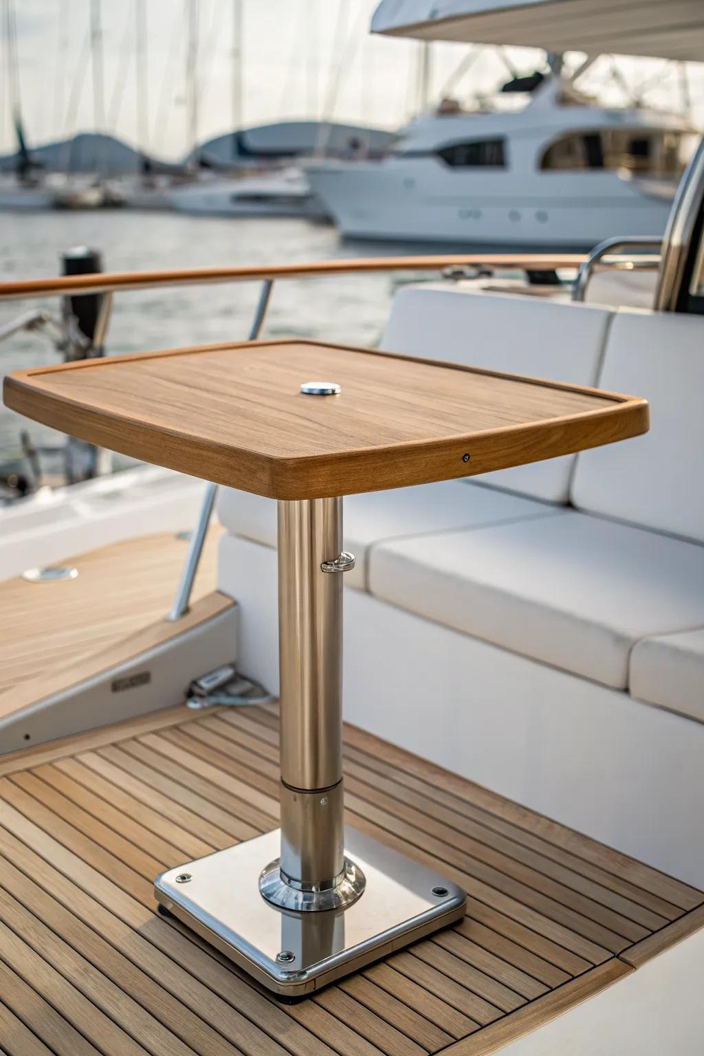 Adjustable boat table in pale oak—lunch height by day, cushioned sun pad by afternoon.