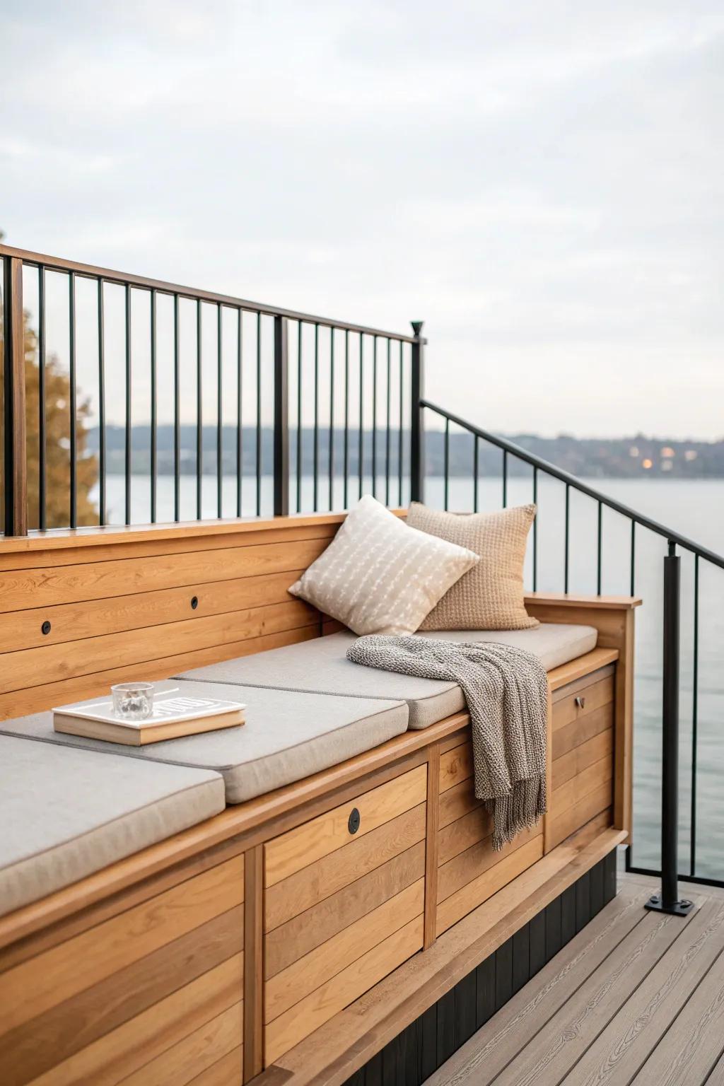 Rooftop sun deck lookout: warm cedar bench + slim railing for the best golden-hour view.