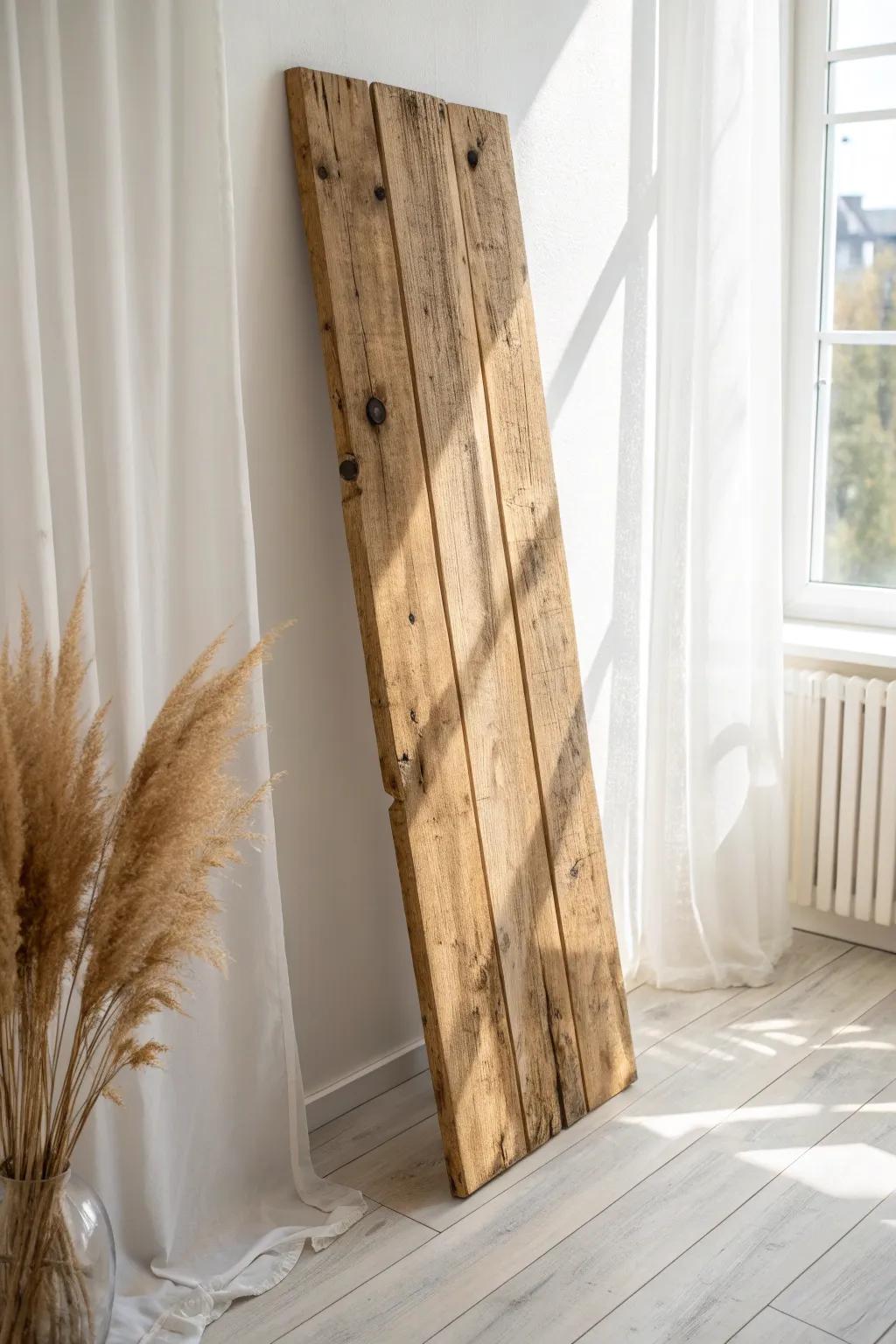 Reclaimed wood plank feature—warm tones, imperfect history, and cozy boho minimalism.
