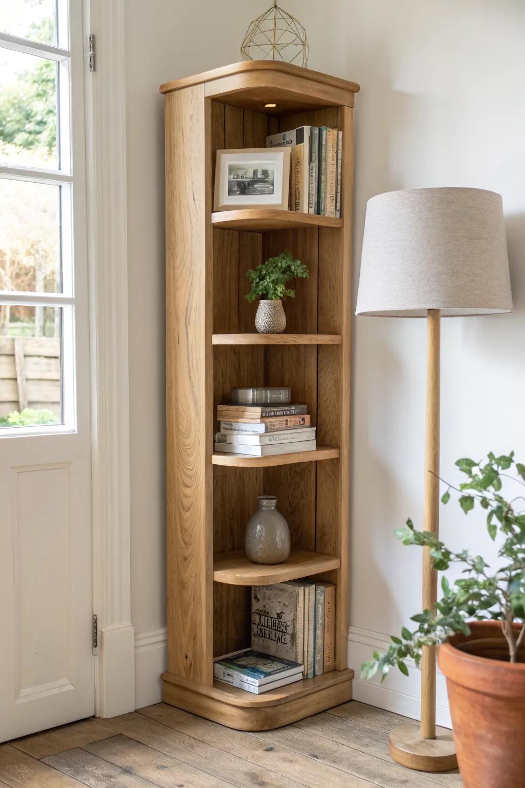 A slim corner bookshelf with oak grain, soft lamp glow, and trailing pothos for boho calm.